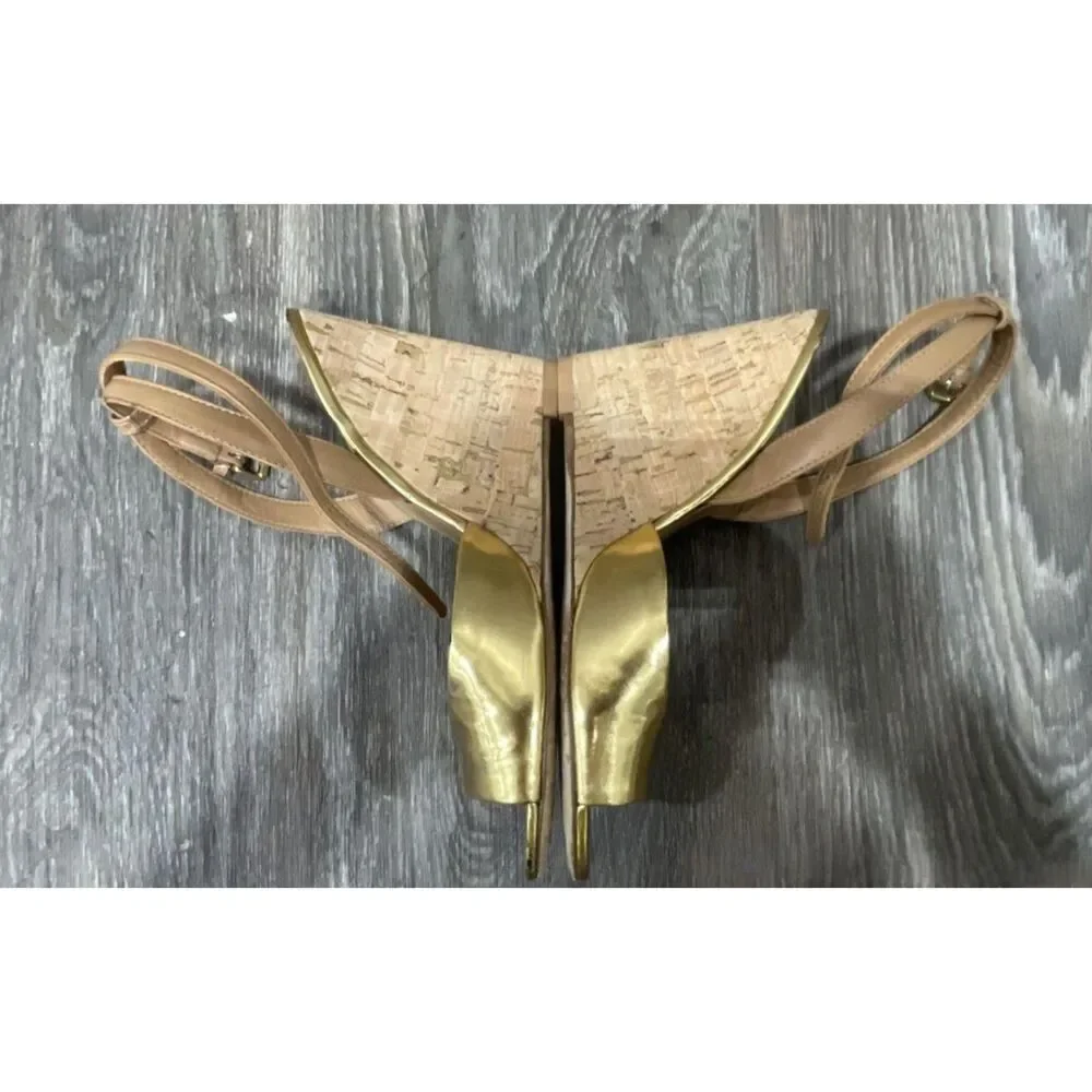 Tory Burch Abena Metallic Gold Leather Cork Wedge Sandals Ankle Strap Heels sz 8